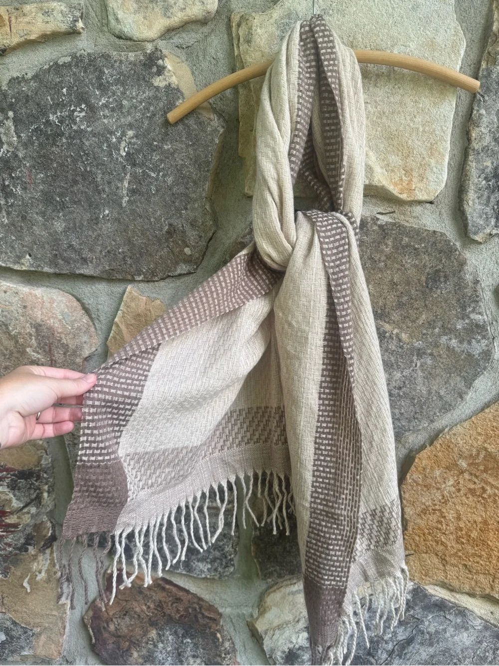 Neutral Woven Fringe Scarf - Beige and Taupe